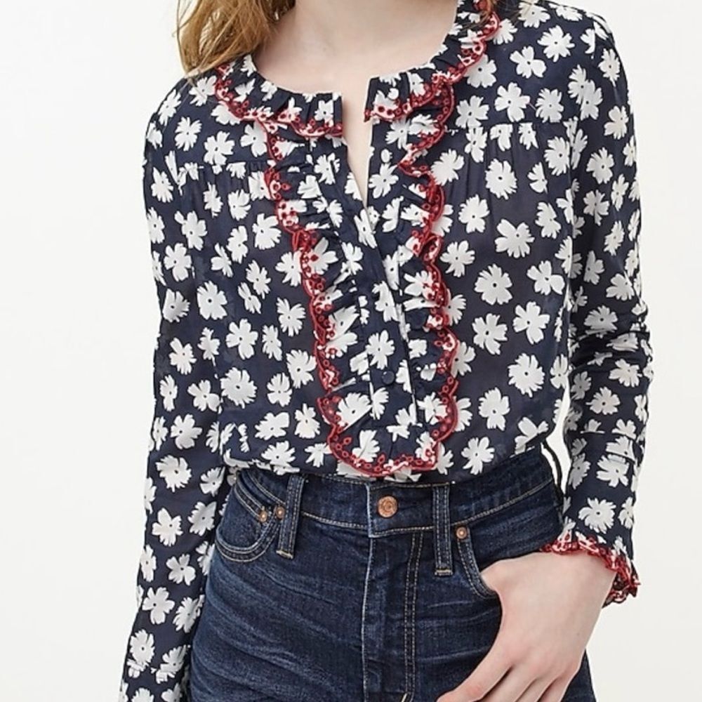 J. Crew Embroidered Ruffle Blouse Scattered Daisy XS